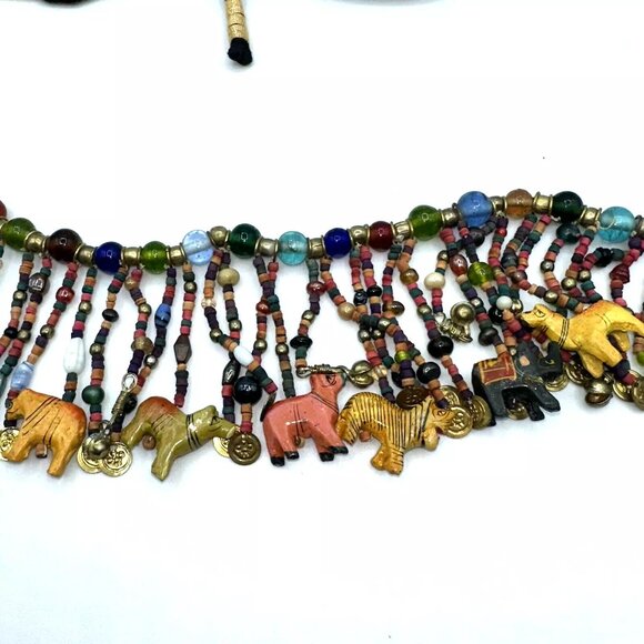 Africa Glass Bead Carved Animal Dangle Fringe Multicolor Statement Necklace/Belt - Picture 4 of 11